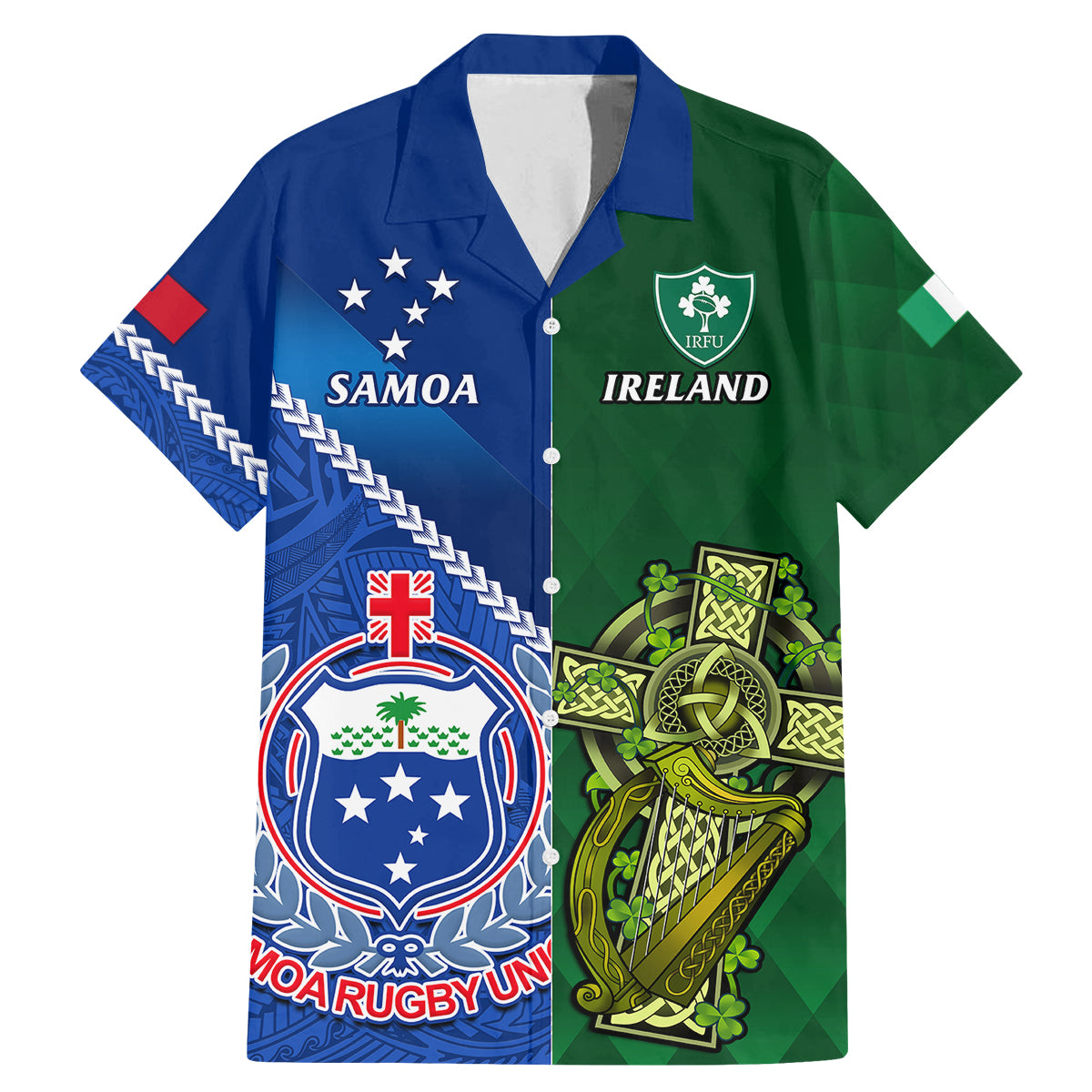 Samoa And Ireland Rugby Family Matching Mermaid Dress and Hawaiian Shirt 2023 World Cup Manu Samoa With Shamrocks LT14 Dad's Shirt - Short Sleeve Blue - Polynesian Pride