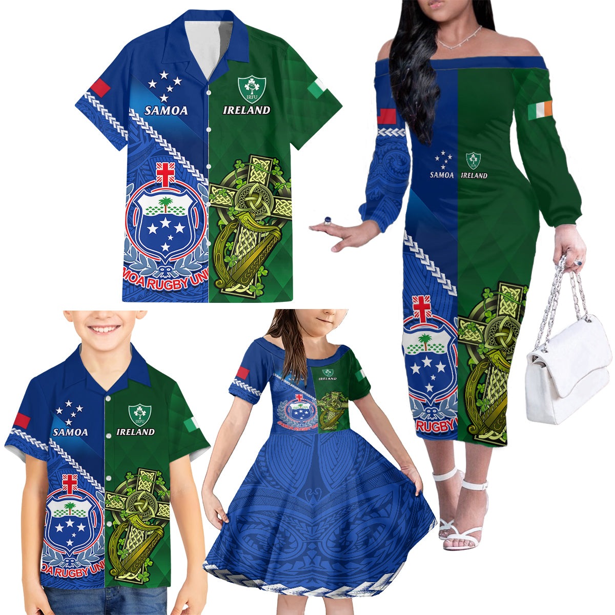 Samoa And Ireland Rugby Family Matching Off Shoulder Long Sleeve Dress and Hawaiian Shirt 2023 World Cup Manu Samoa With Shamrocks LT14 - Polynesian Pride
