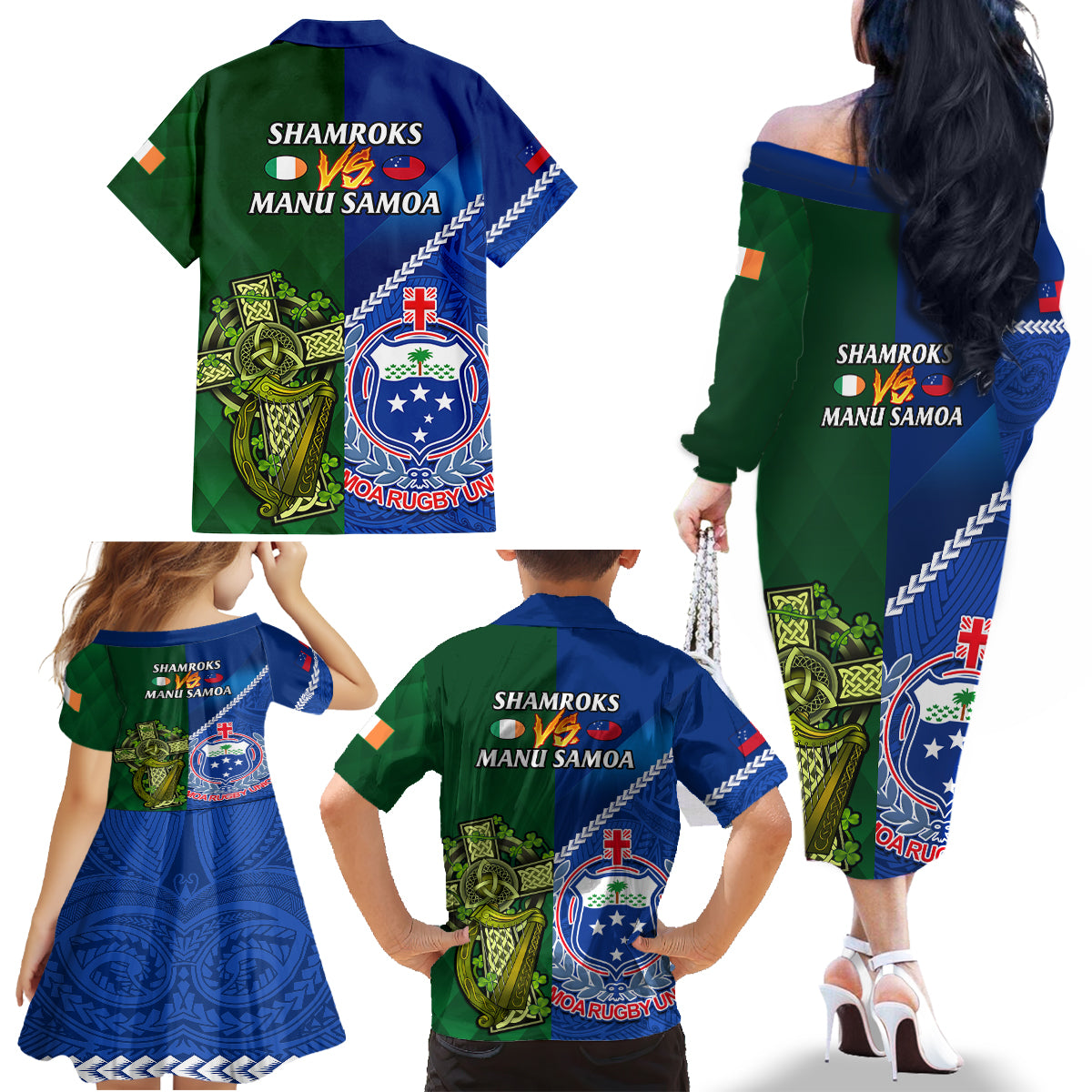 Samoa And Ireland Rugby Family Matching Off Shoulder Long Sleeve Dress and Hawaiian Shirt 2023 World Cup Manu Samoa With Shamrocks LT14 - Polynesian Pride