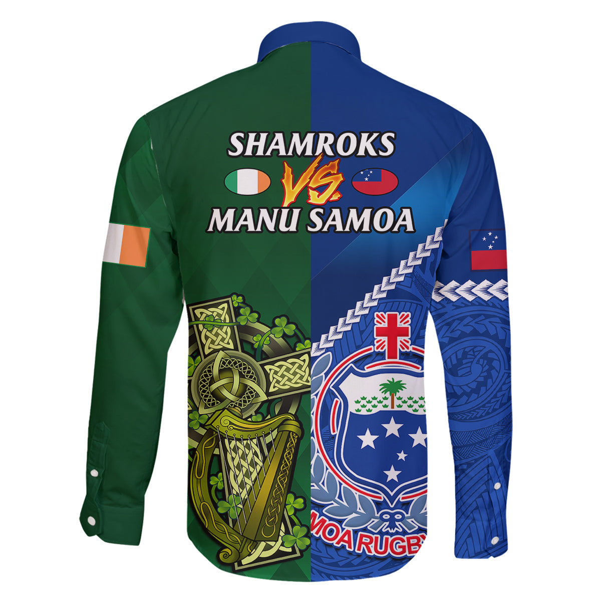 Samoa And Ireland Rugby Family Matching Off Shoulder Long Sleeve Dress and Hawaiian Shirt 2023 World Cup Manu Samoa With Shamrocks LT14 - Polynesian Pride
