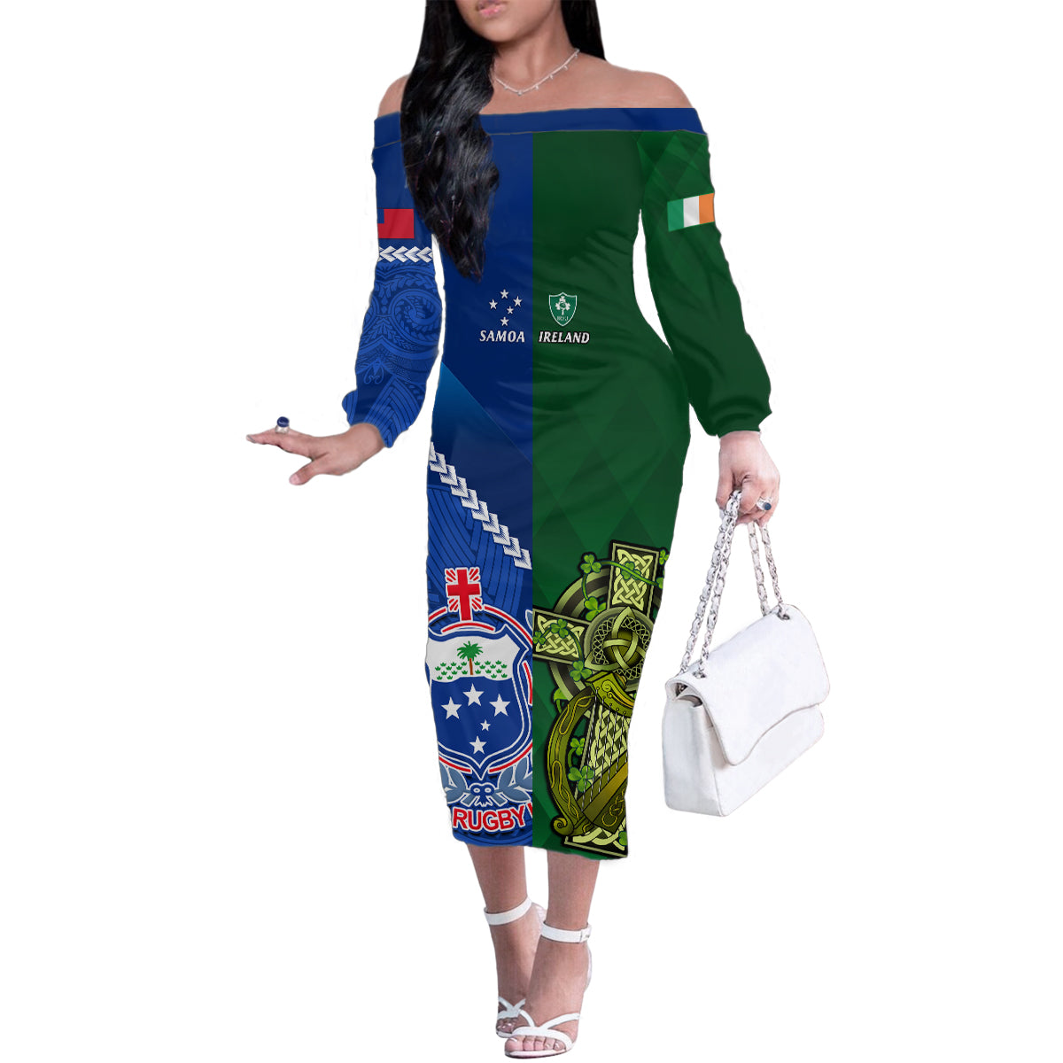 Samoa And Ireland Rugby Family Matching Off Shoulder Long Sleeve Dress and Hawaiian Shirt 2023 World Cup Manu Samoa With Shamrocks LT14 Mom's Dress Blue - Polynesian Pride