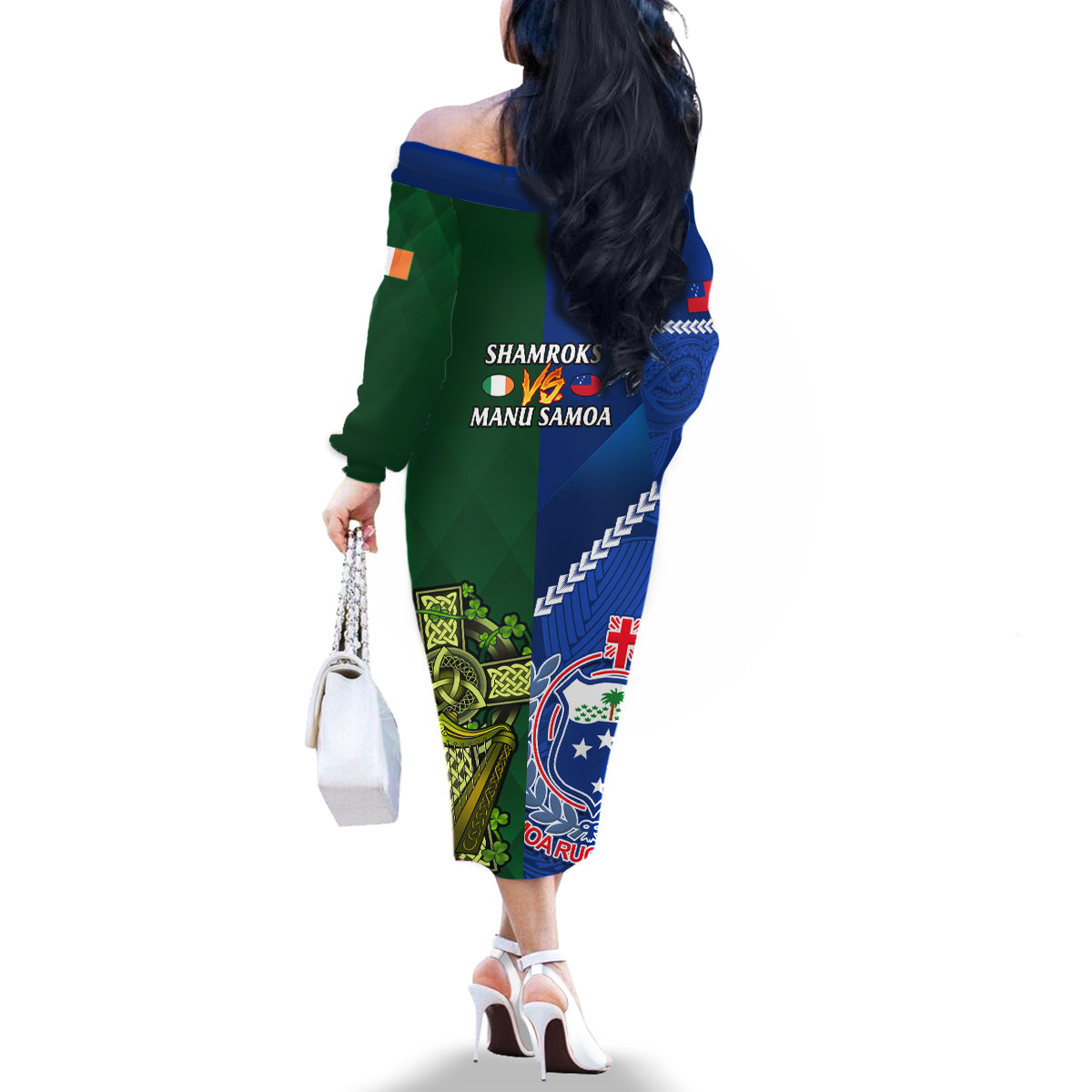 Samoa And Ireland Rugby Family Matching Off Shoulder Long Sleeve Dress and Hawaiian Shirt 2023 World Cup Manu Samoa With Shamrocks LT14 - Polynesian Pride
