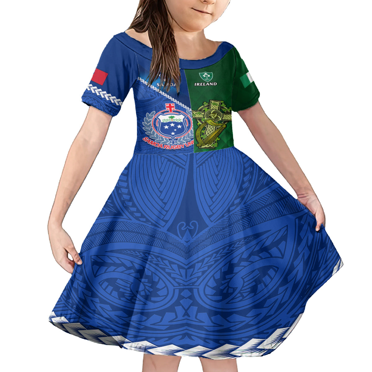 Samoa And Ireland Rugby Family Matching Off Shoulder Maxi Dress and Hawaiian Shirt 2023 World Cup Manu Samoa With Shamrocks LT14 Daughter's Dress Blue - Polynesian Pride