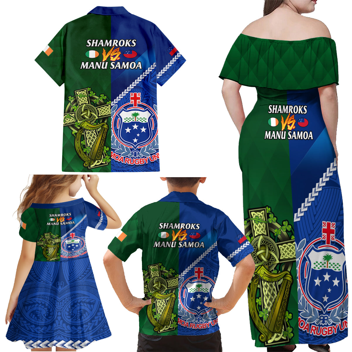 Samoa And Ireland Rugby Family Matching Off Shoulder Maxi Dress and Hawaiian Shirt 2023 World Cup Manu Samoa With Shamrocks LT14 - Polynesian Pride