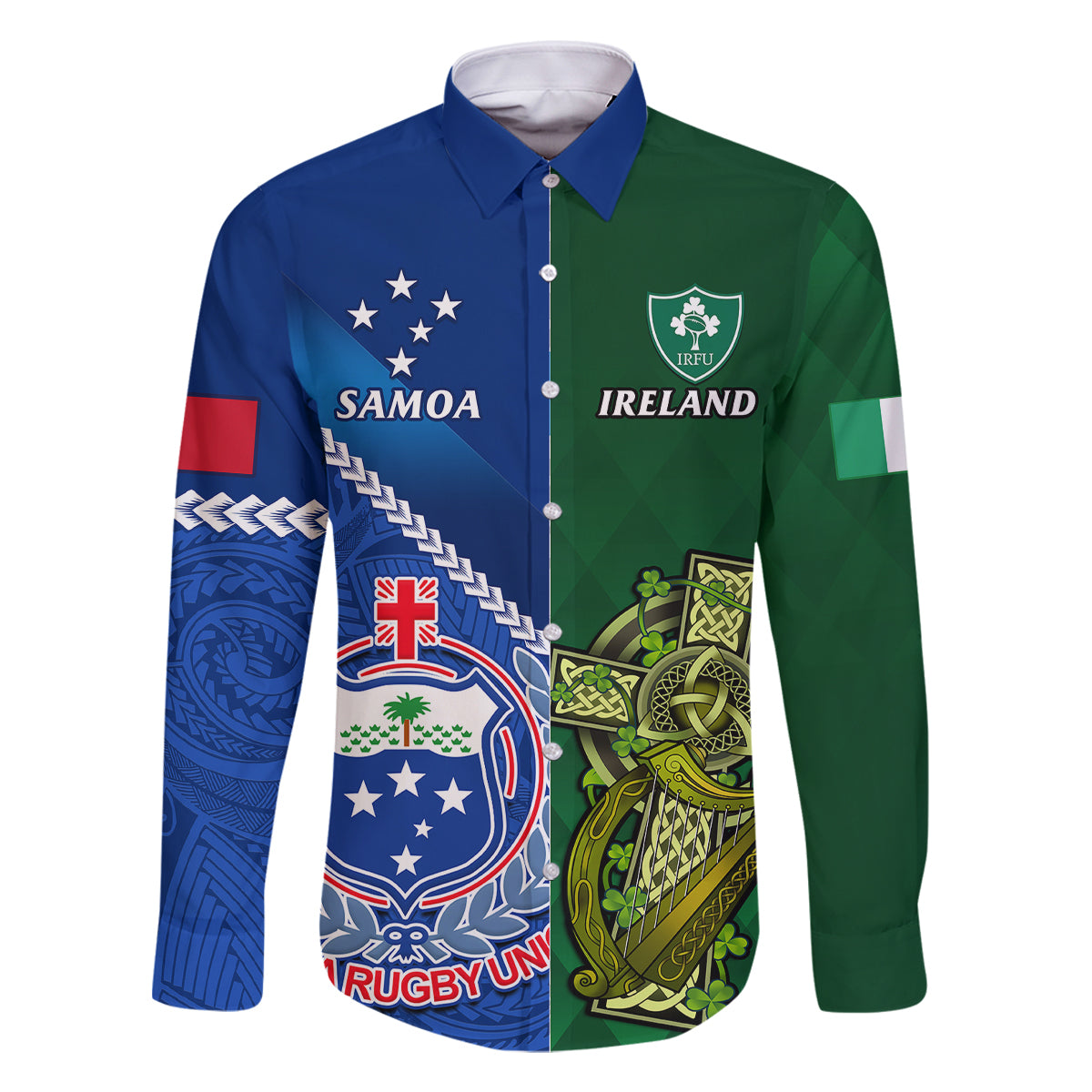 Samoa And Ireland Rugby Family Matching Off Shoulder Maxi Dress and Hawaiian Shirt 2023 World Cup Manu Samoa With Shamrocks LT14 Dad's Shirt - Long Sleeve Blue - Polynesian Pride