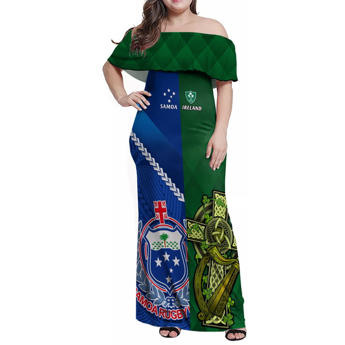 Samoa And Ireland Rugby Family Matching Off Shoulder Maxi Dress and Hawaiian Shirt 2023 World Cup Manu Samoa With Shamrocks LT14 Mom's Dress Blue - Polynesian Pride