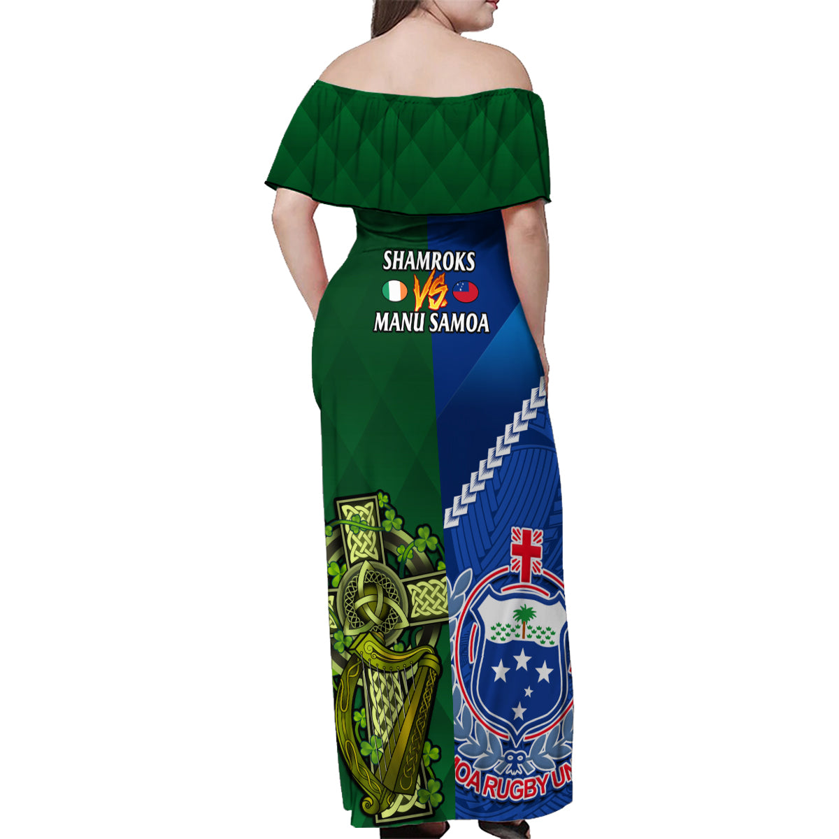 Samoa And Ireland Rugby Family Matching Off Shoulder Maxi Dress and Hawaiian Shirt 2023 World Cup Manu Samoa With Shamrocks LT14 - Polynesian Pride