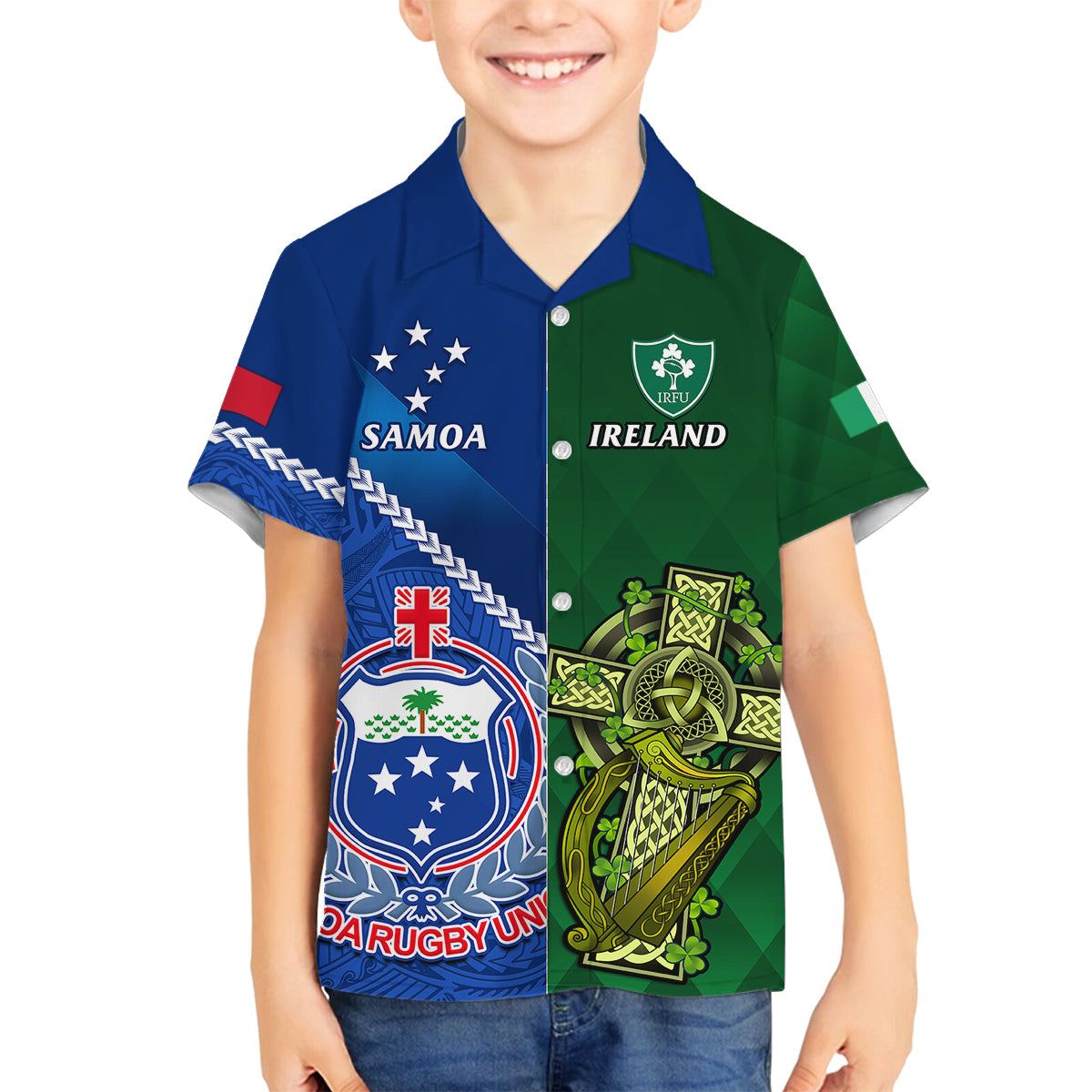 Samoa And Ireland Rugby Family Matching Off Shoulder Maxi Dress and Hawaiian Shirt 2023 World Cup Manu Samoa With Shamrocks LT14 Son's Shirt Blue - Polynesian Pride