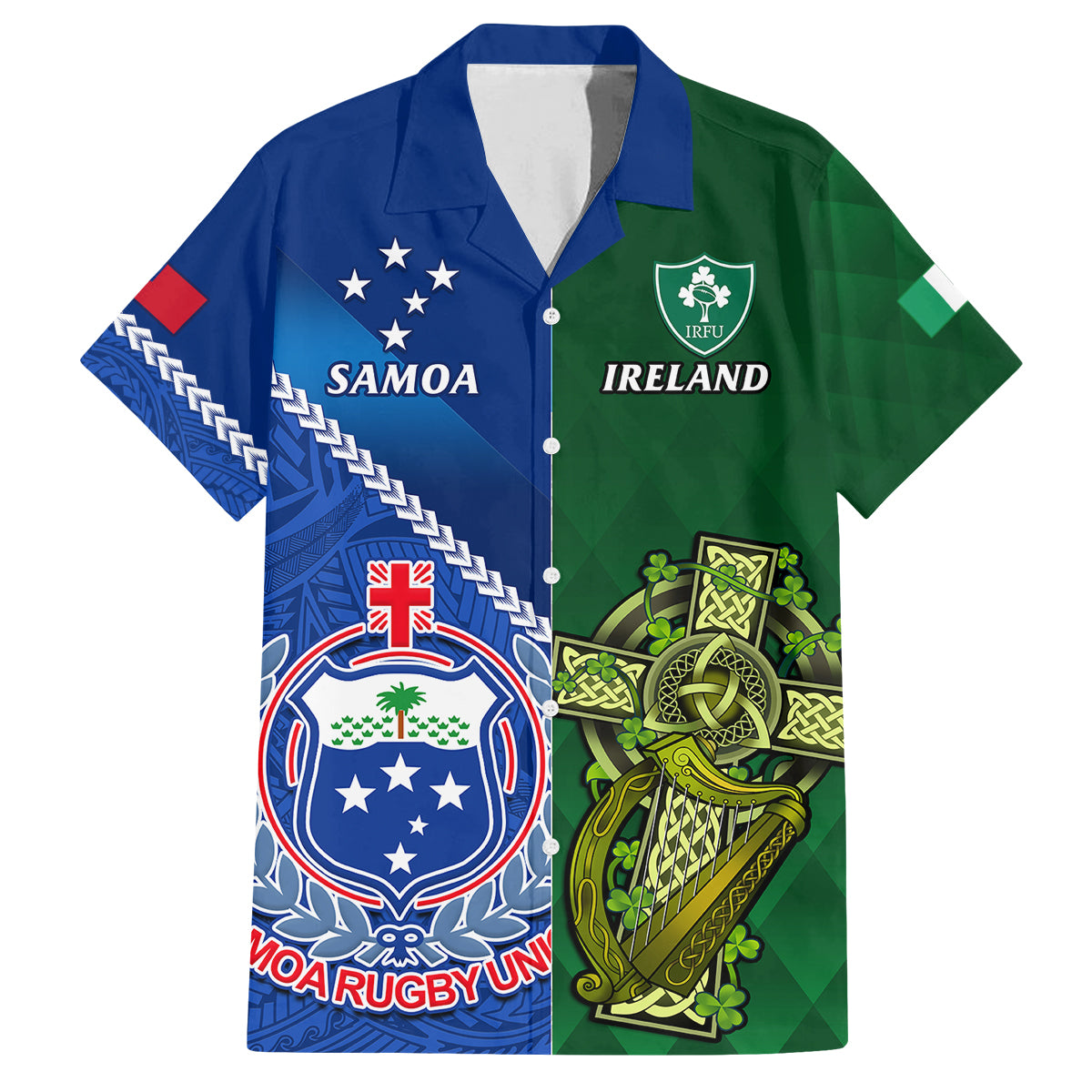 Samoa And Ireland Rugby Family Matching Off Shoulder Short Dress and Hawaiian Shirt 2023 World Cup Manu Samoa With Shamrocks LT14 Dad's Shirt - Short Sleeve Blue - Polynesian Pride
