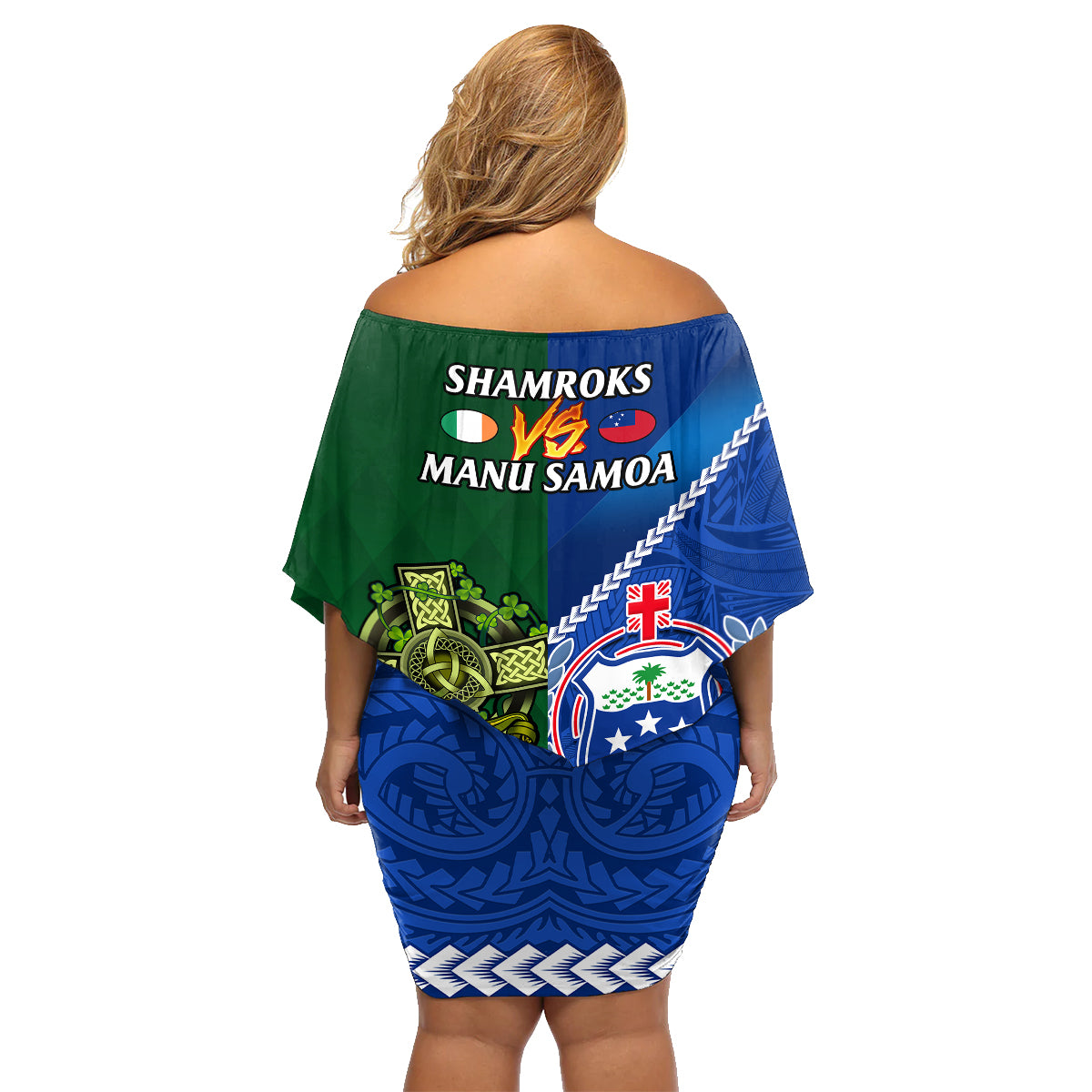 Samoa And Ireland Rugby Family Matching Off Shoulder Short Dress and Hawaiian Shirt 2023 World Cup Manu Samoa With Shamrocks LT14 - Polynesian Pride