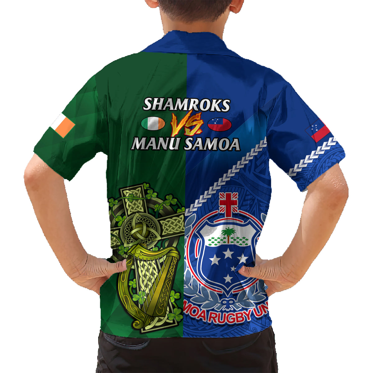 Samoa And Ireland Rugby Family Matching Short Sleeve Bodycon Dress and Hawaiian Shirt 2023 World Cup Manu Samoa With Shamrocks LT14 - Polynesian Pride