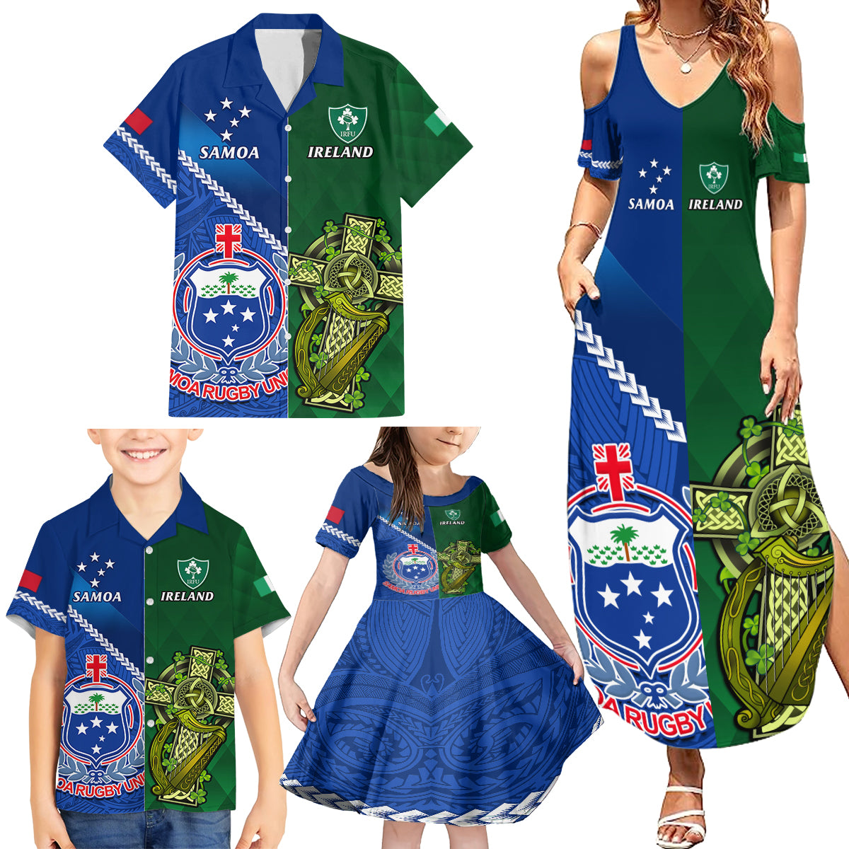 Samoa And Ireland Rugby Family Matching Summer Maxi Dress and Hawaiian Shirt 2023 World Cup Manu Samoa With Shamrocks LT14 - Polynesian Pride
