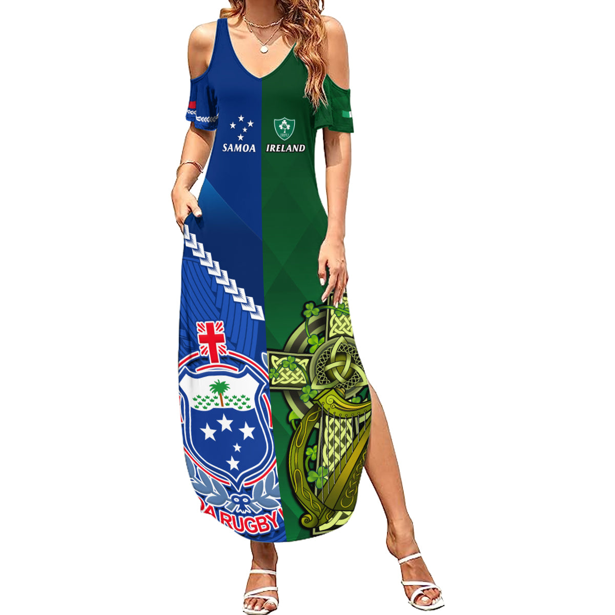Samoa And Ireland Rugby Family Matching Summer Maxi Dress and Hawaiian Shirt 2023 World Cup Manu Samoa With Shamrocks LT14 Mom's Dress Blue - Polynesian Pride