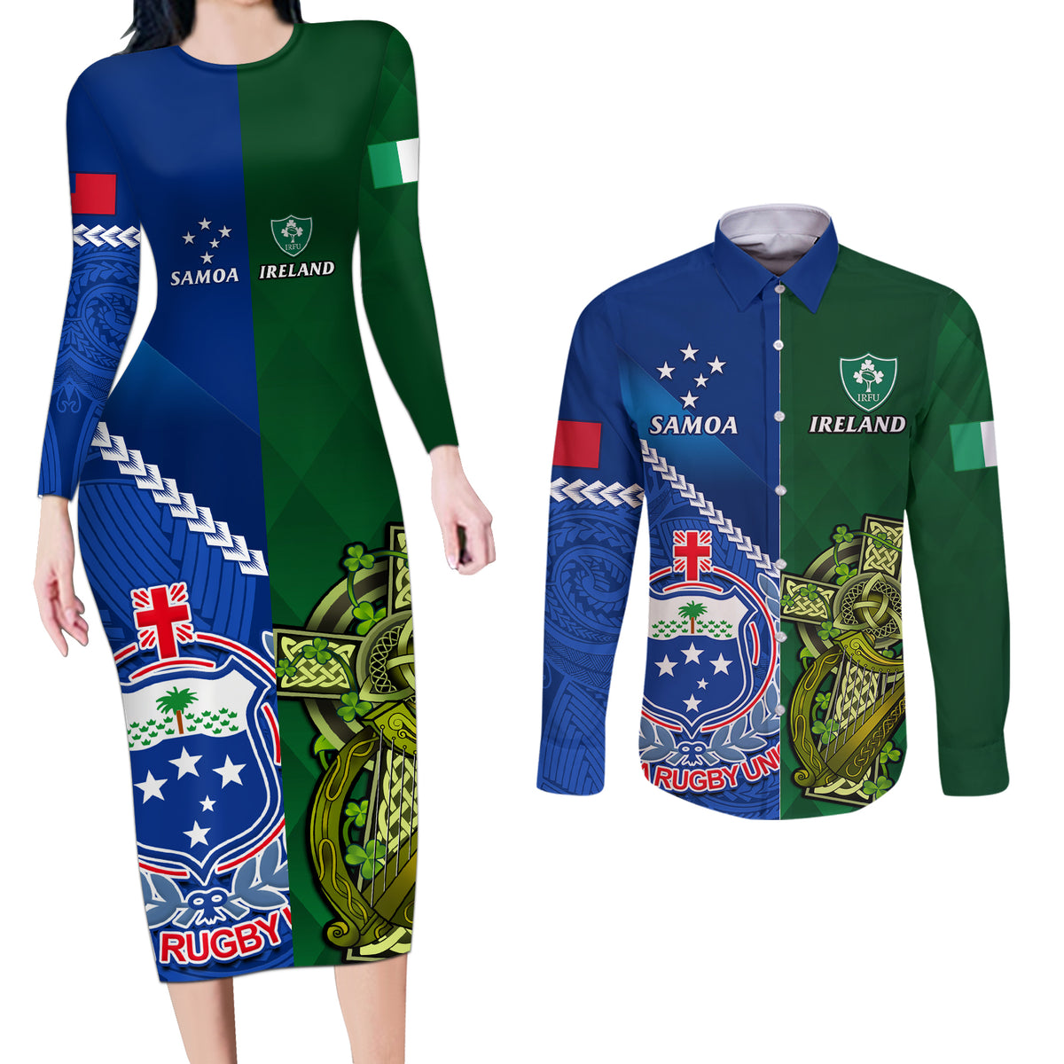 Custom Samoa And Ireland Rugby Couples Matching Long Sleeve Bodycon Dress and Long Sleeve Button Shirts 2023 World Cup Manu Samoa With Shamrocks LT14 Blue - Polynesian Pride