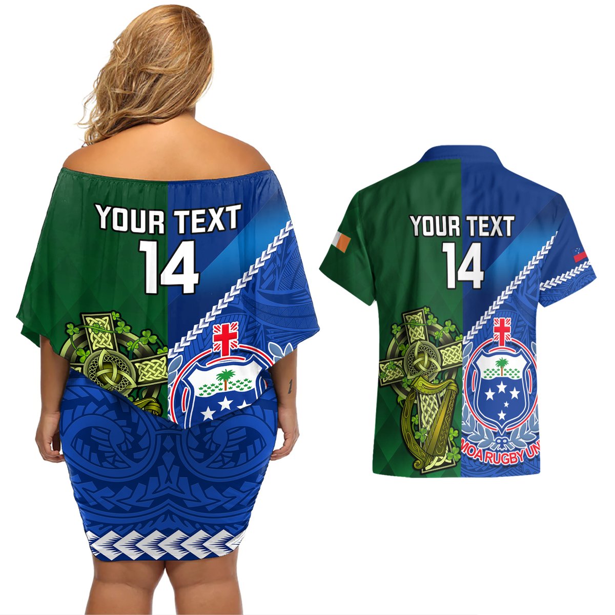 Custom Samoa And Ireland Rugby Couples Matching Off Shoulder Short Dress and Hawaiian Shirt 2023 World Cup Manu Samoa With Shamrocks LT14 - Polynesian Pride