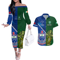 Custom Samoa And Ireland Rugby Couples Matching Off The Shoulder Long Sleeve Dress and Hawaiian Shirt 2023 World Cup Manu Samoa With Shamrocks LT14 Blue - Polynesian Pride