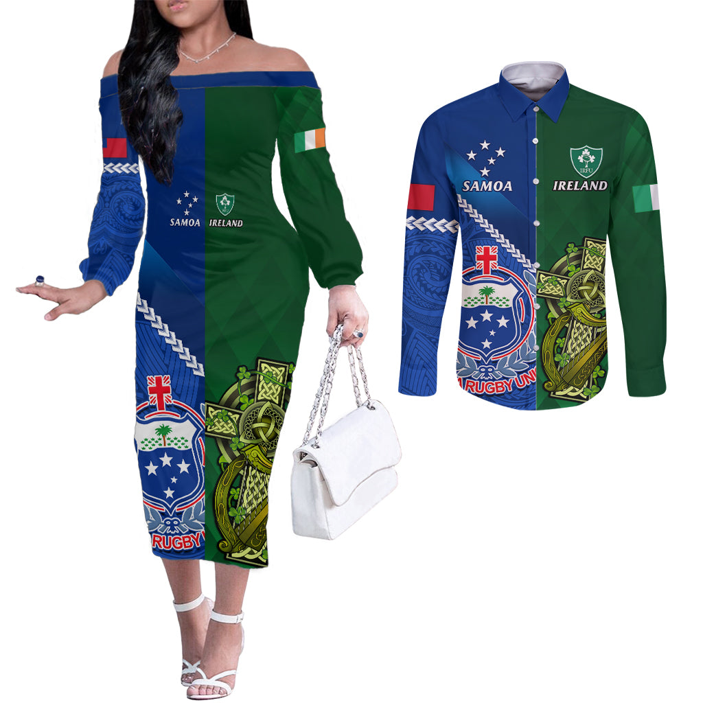 Custom Samoa And Ireland Rugby Couples Matching Off The Shoulder Long Sleeve Dress and Long Sleeve Button Shirts 2023 World Cup Manu Samoa With Shamrocks LT14 Blue - Polynesian Pride