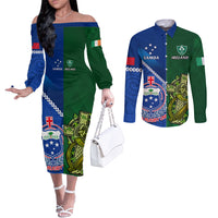 Custom Samoa And Ireland Rugby Couples Matching Off The Shoulder Long Sleeve Dress and Long Sleeve Button Shirts 2023 World Cup Manu Samoa With Shamrocks LT14 Blue - Polynesian Pride