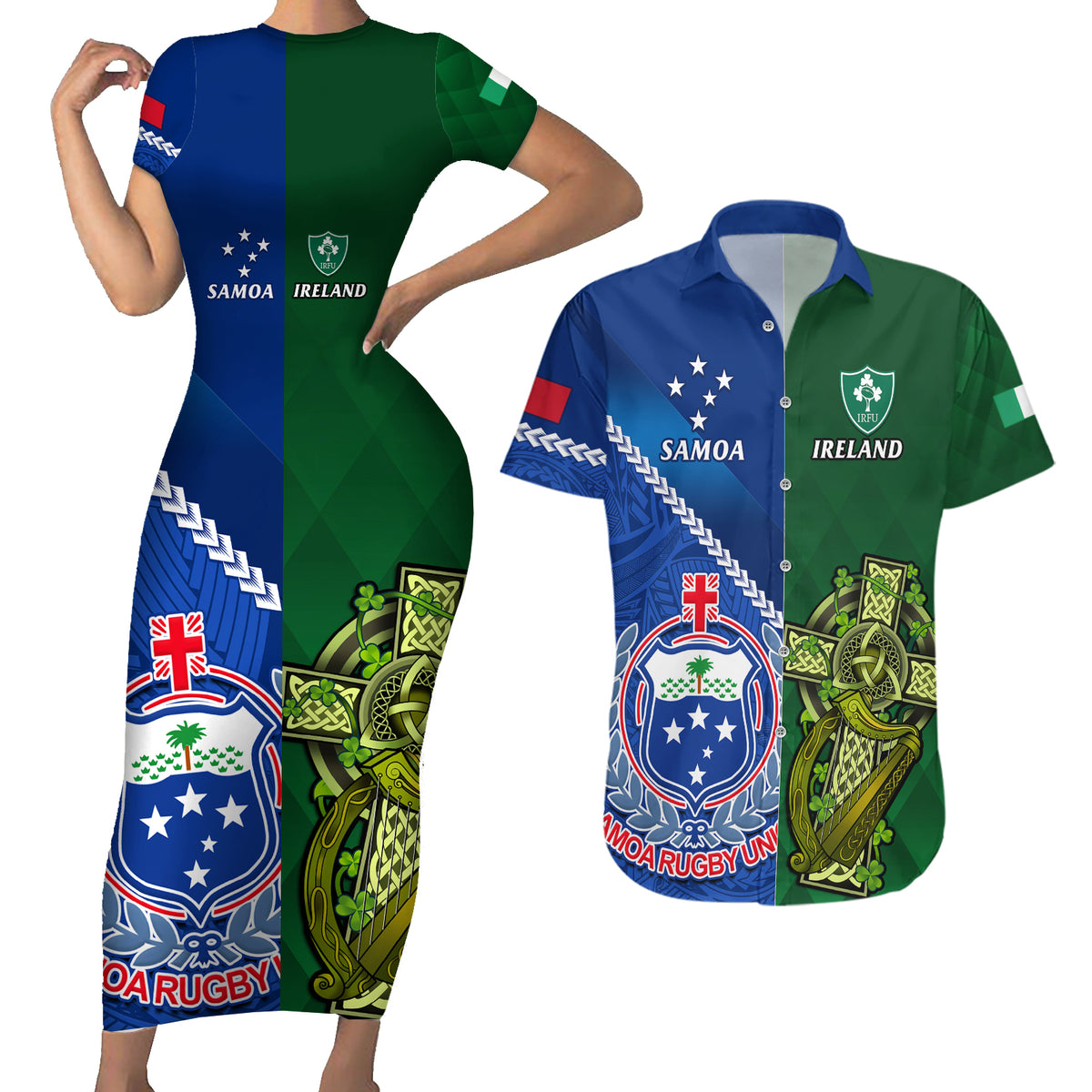 Custom Samoa And Ireland Rugby Couples Matching Short Sleeve Bodycon Dress and Hawaiian Shirt 2023 World Cup Manu Samoa With Shamrocks LT14 Blue - Polynesian Pride