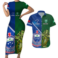 Custom Samoa And Ireland Rugby Couples Matching Short Sleeve Bodycon Dress and Hawaiian Shirt 2023 World Cup Manu Samoa With Shamrocks LT14 Blue - Polynesian Pride