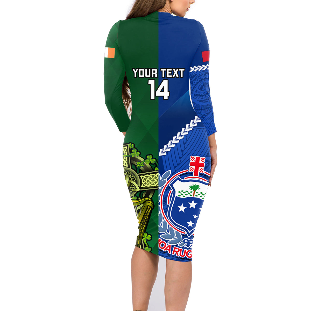 Custom Samoa And Ireland Rugby Family Matching Long Sleeve Bodycon Dress and Hawaiian Shirt 2023 World Cup Manu Samoa With Shamrocks LT14 - Polynesian Pride