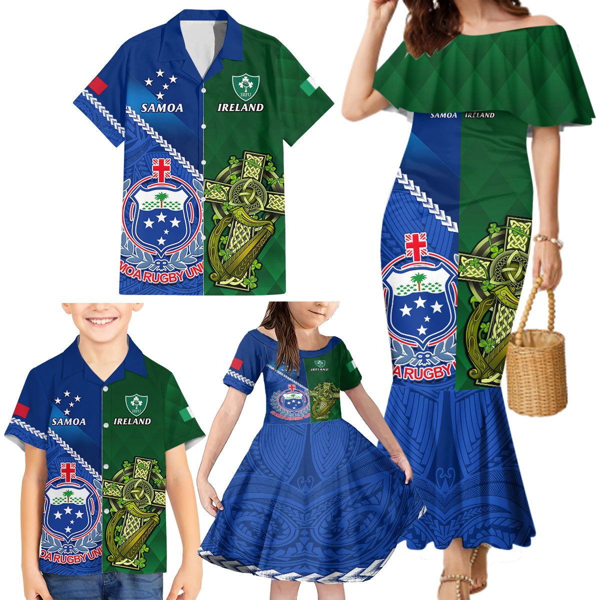 Custom Samoa And Ireland Rugby Family Matching Mermaid Dress and Hawaiian Shirt 2023 World Cup Manu Samoa With Shamrocks LT14 - Polynesian Pride