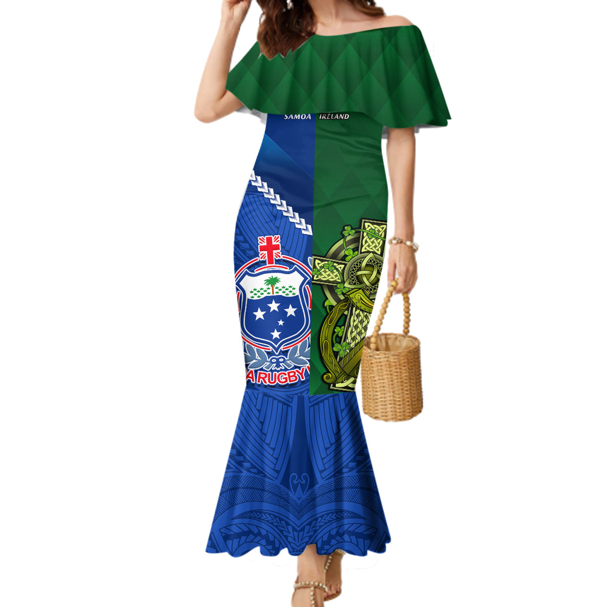 Custom Samoa And Ireland Rugby Family Matching Mermaid Dress and Hawaiian Shirt 2023 World Cup Manu Samoa With Shamrocks LT14 Mom's Dress Blue - Polynesian Pride
