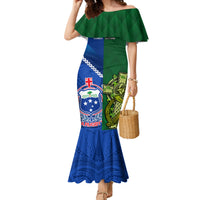 Custom Samoa And Ireland Rugby Family Matching Mermaid Dress and Hawaiian Shirt 2023 World Cup Manu Samoa With Shamrocks LT14 Mom's Dress Blue - Polynesian Pride