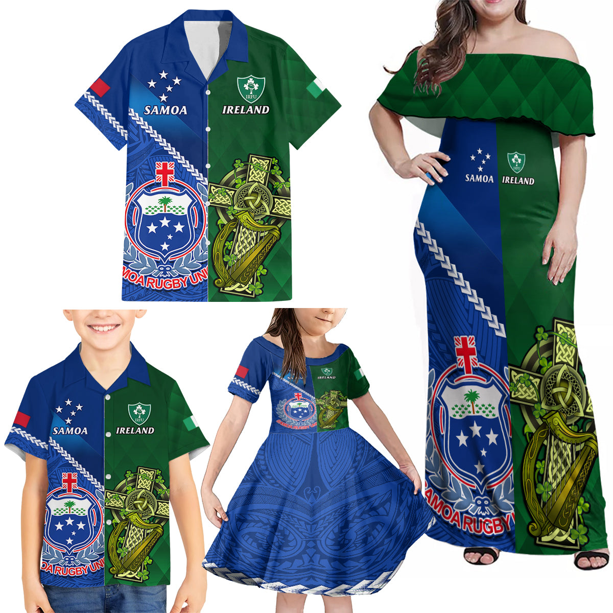 Custom Samoa And Ireland Rugby Family Matching Off Shoulder Maxi Dress and Hawaiian Shirt 2023 World Cup Manu Samoa With Shamrocks LT14 - Polynesian Pride