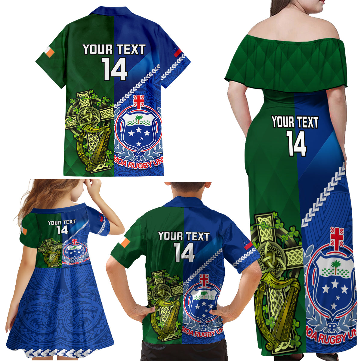 Custom Samoa And Ireland Rugby Family Matching Off Shoulder Maxi Dress and Hawaiian Shirt 2023 World Cup Manu Samoa With Shamrocks LT14 - Polynesian Pride