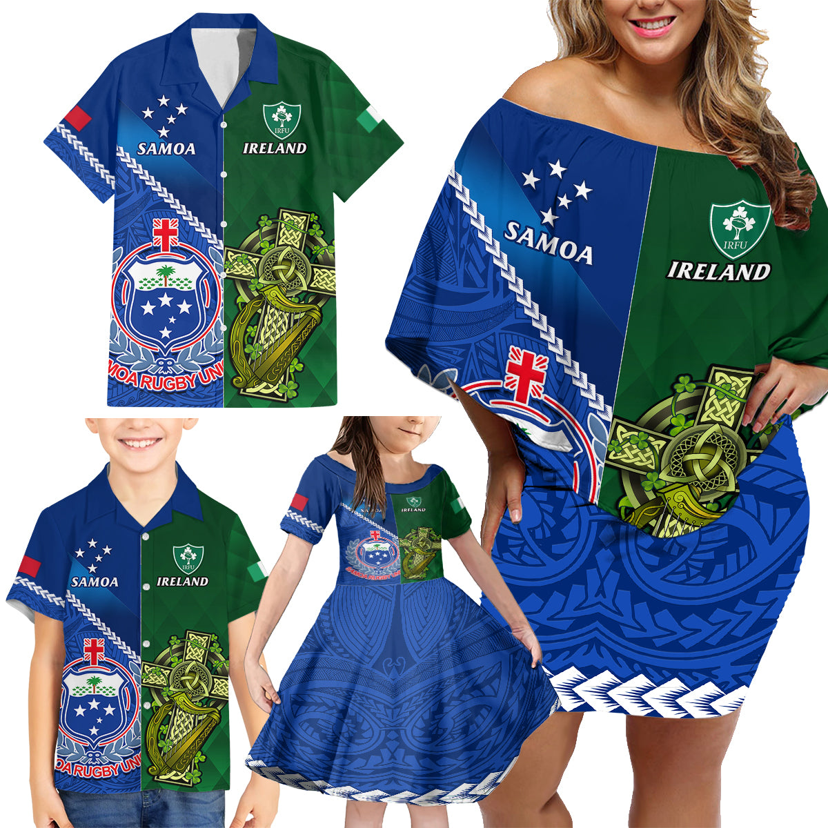 Custom Samoa And Ireland Rugby Family Matching Off Shoulder Short Dress and Hawaiian Shirt 2023 World Cup Manu Samoa With Shamrocks LT14 - Polynesian Pride