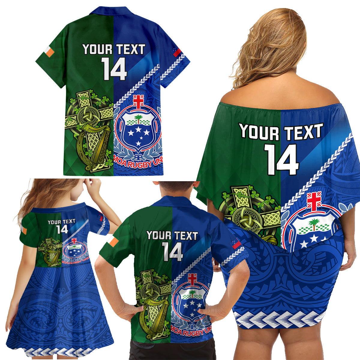 Custom Samoa And Ireland Rugby Family Matching Off Shoulder Short Dress and Hawaiian Shirt 2023 World Cup Manu Samoa With Shamrocks LT14 - Polynesian Pride