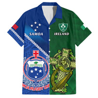 Custom Samoa And Ireland Rugby Family Matching Off Shoulder Short Dress and Hawaiian Shirt 2023 World Cup Manu Samoa With Shamrocks LT14 Dad's Shirt - Short Sleeve Blue - Polynesian Pride
