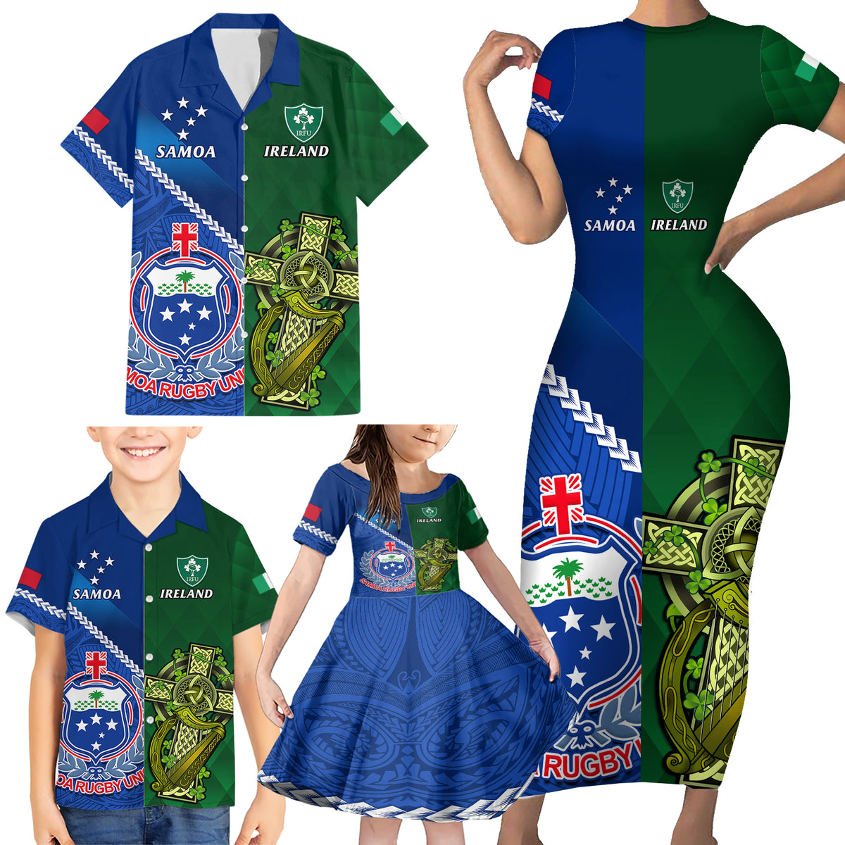 Custom Samoa And Ireland Rugby Family Matching Short Sleeve Bodycon Dress and Hawaiian Shirt 2023 World Cup Manu Samoa With Shamrocks LT14 - Polynesian Pride