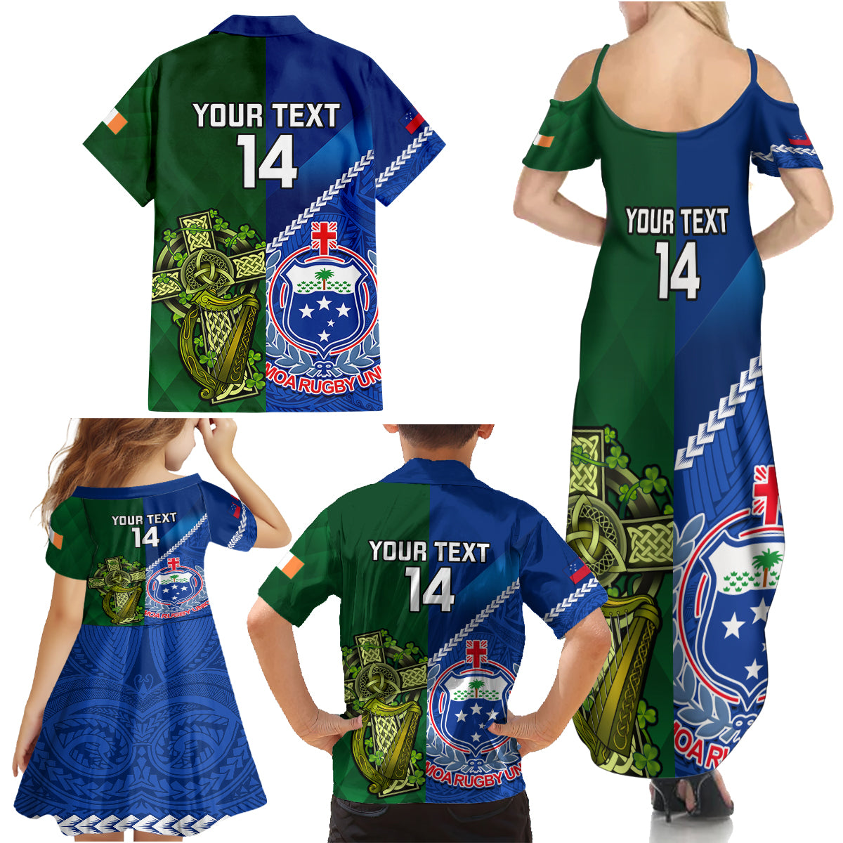 Custom Samoa And Ireland Rugby Family Matching Summer Maxi Dress and Hawaiian Shirt 2023 World Cup Manu Samoa With Shamrocks LT14 - Polynesian Pride