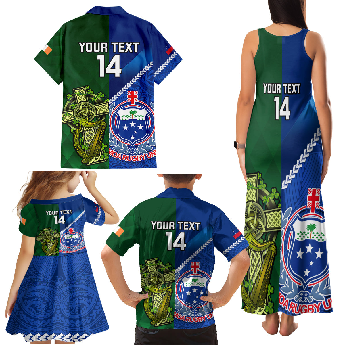 Custom Samoa And Ireland Rugby Family Matching Tank Maxi Dress and Hawaiian Shirt 2023 World Cup Manu Samoa With Shamrocks LT14 - Polynesian Pride