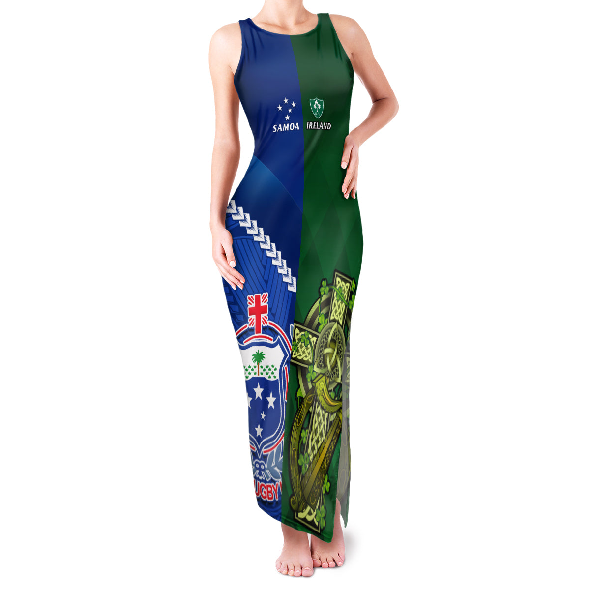 Custom Samoa And Ireland Rugby Family Matching Tank Maxi Dress and Hawaiian Shirt 2023 World Cup Manu Samoa With Shamrocks LT14 Mom's Dress Blue - Polynesian Pride