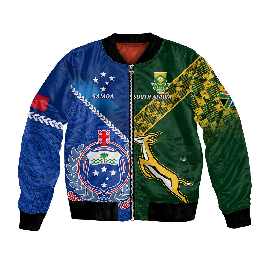 Samoa And South Africa Rugby Bomber Jacket 2023 World Cup Manu Samoa With Springboks LT14 Unisex Blue - Polynesian Pride
