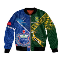 Samoa And South Africa Rugby Bomber Jacket 2023 World Cup Manu Samoa With Springboks LT14 Unisex Blue - Polynesian Pride