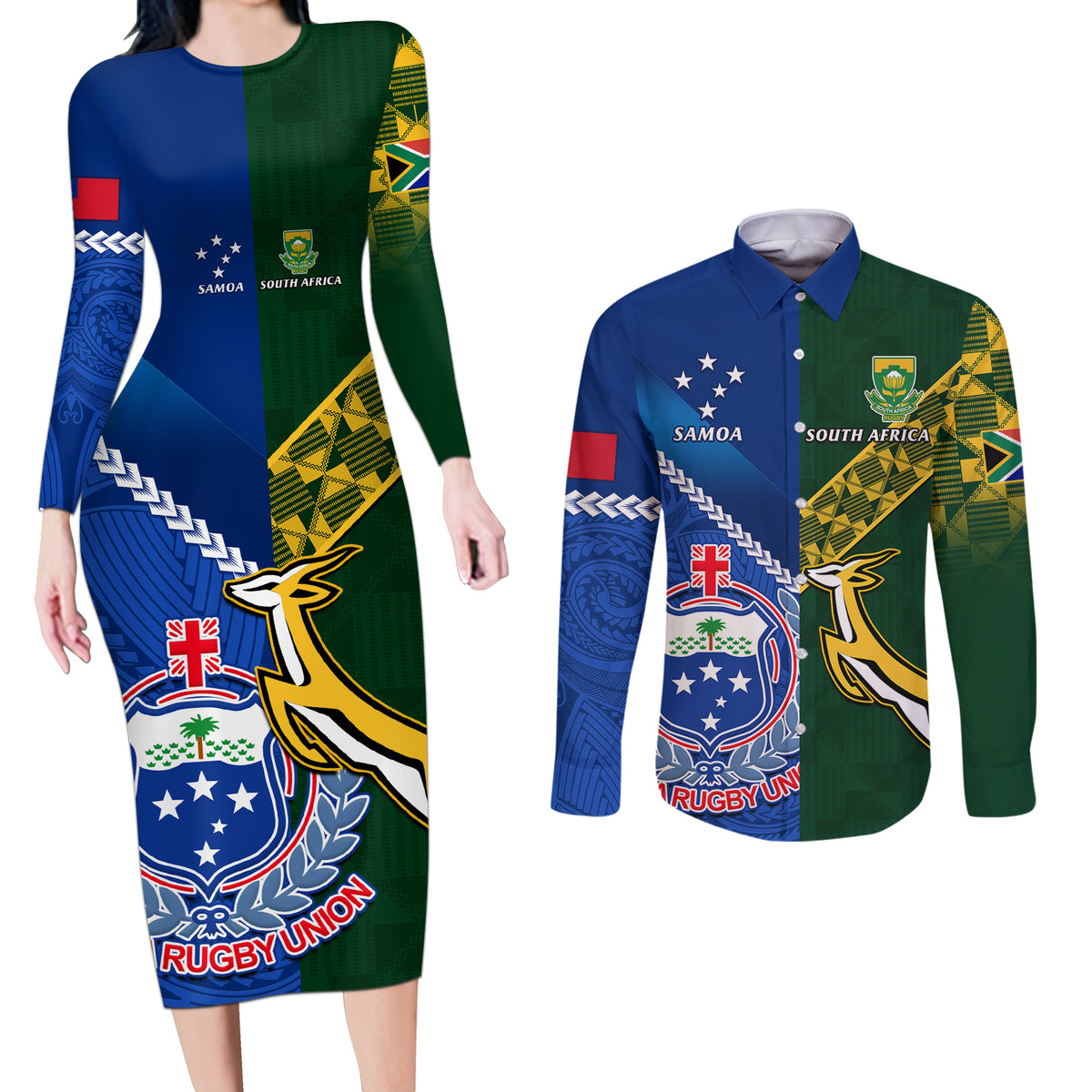 Samoa And South Africa Rugby Couples Matching Long Sleeve Bodycon Dress and Long Sleeve Button Shirts 2023 World Cup Manu Samoa With Springboks LT14 Blue - Polynesian Pride