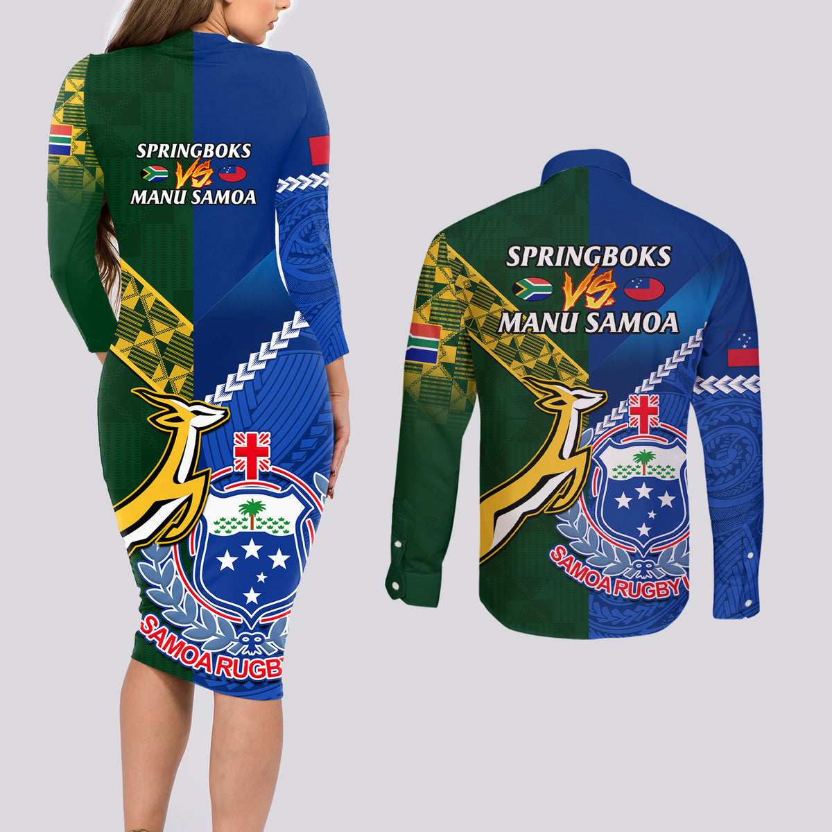 Samoa And South Africa Rugby Couples Matching Long Sleeve Bodycon Dress and Long Sleeve Button Shirts 2023 World Cup Manu Samoa With Springboks LT14 - Polynesian Pride