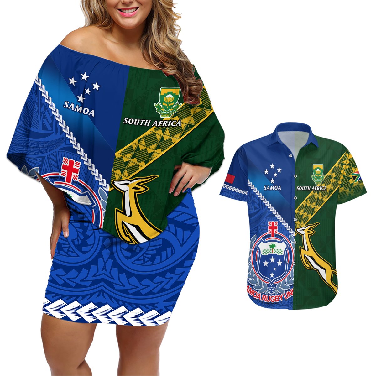 Samoa And South Africa Rugby Couples Matching Off Shoulder Short Dress and Hawaiian Shirt 2023 World Cup Manu Samoa With Springboks LT14 Blue - Polynesian Pride