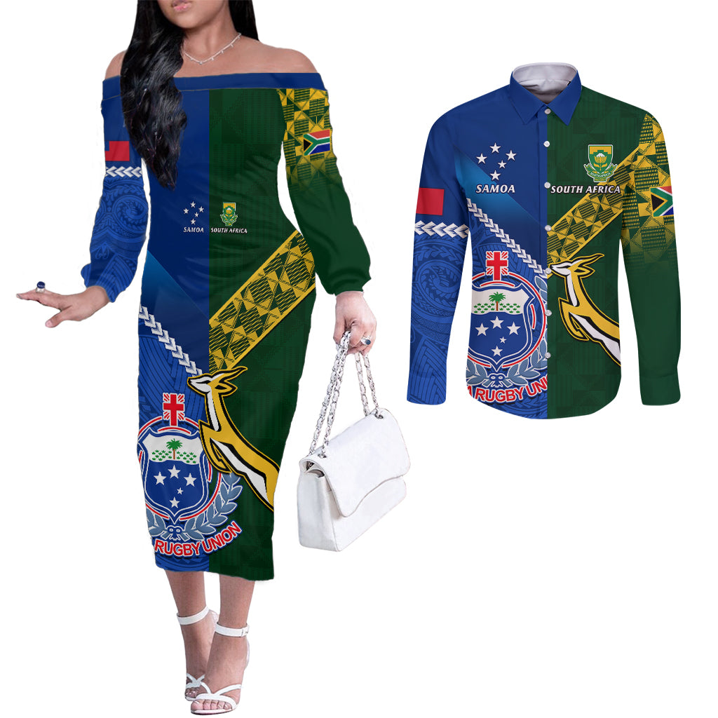 Samoa And South Africa Rugby Couples Matching Off The Shoulder Long Sleeve Dress and Long Sleeve Button Shirts 2023 World Cup Manu Samoa With Springboks LT14 Blue - Polynesian Pride