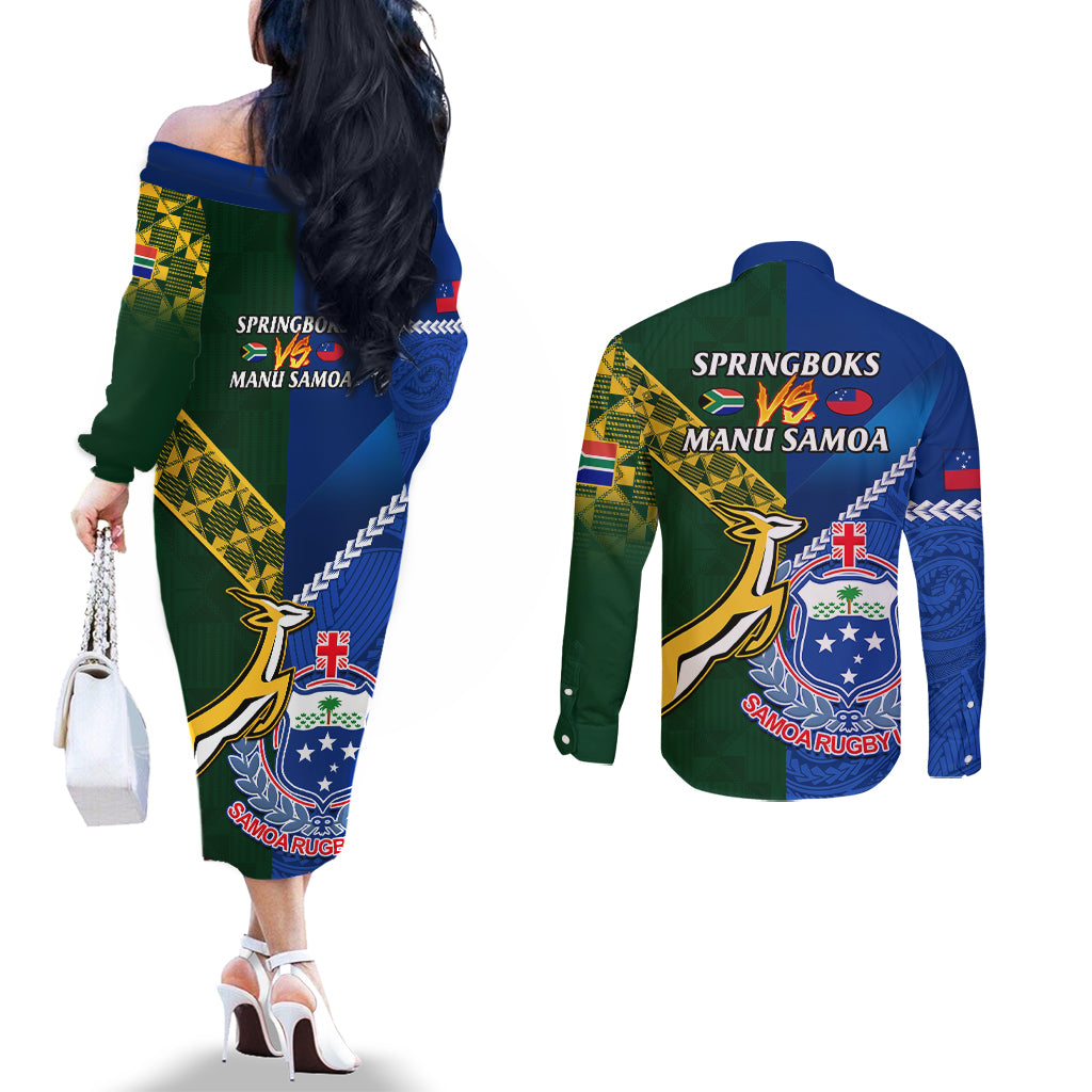 Samoa And South Africa Rugby Couples Matching Off The Shoulder Long Sleeve Dress and Long Sleeve Button Shirts 2023 World Cup Manu Samoa With Springboks LT14 - Polynesian Pride