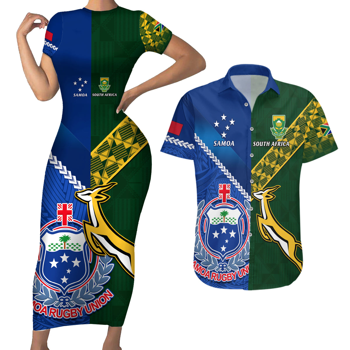 Samoa And South Africa Rugby Couples Matching Short Sleeve Bodycon Dress and Hawaiian Shirt 2023 World Cup Manu Samoa With Springboks LT14 Blue - Polynesian Pride