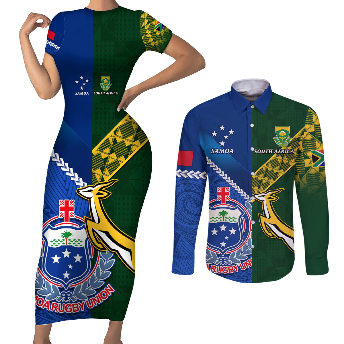 Samoa And South Africa Rugby Couples Matching Short Sleeve Bodycon Dress and Long Sleeve Button Shirts 2023 World Cup Manu Samoa With Springboks LT14 Blue - Polynesian Pride