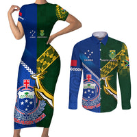 Samoa And South Africa Rugby Couples Matching Short Sleeve Bodycon Dress and Long Sleeve Button Shirts 2023 World Cup Manu Samoa With Springboks LT14 Blue - Polynesian Pride