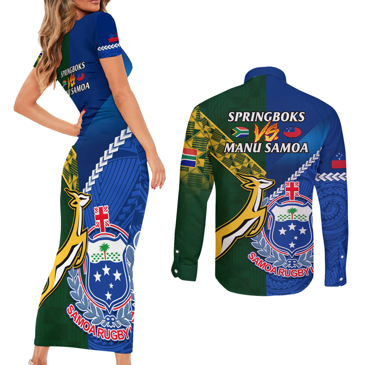Samoa And South Africa Rugby Couples Matching Short Sleeve Bodycon Dress and Long Sleeve Button Shirts 2023 World Cup Manu Samoa With Springboks LT14 - Polynesian Pride