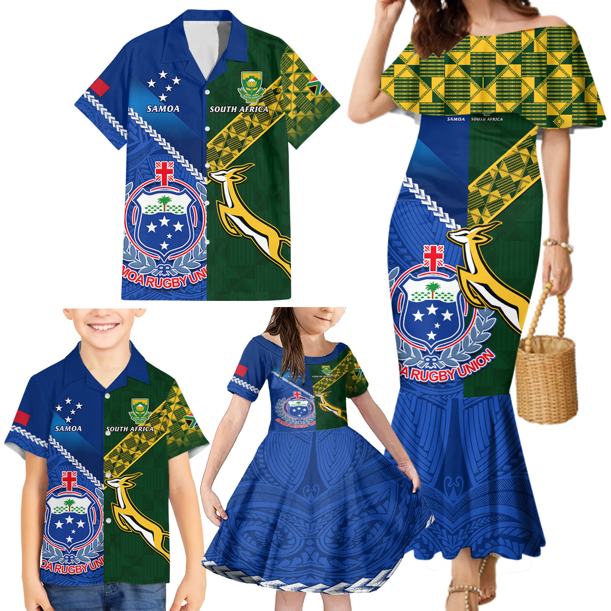 Samoa And South Africa Rugby Family Matching Mermaid Dress and Hawaiian Shirt 2023 World Cup Manu Samoa With Springboks LT14 - Polynesian Pride
