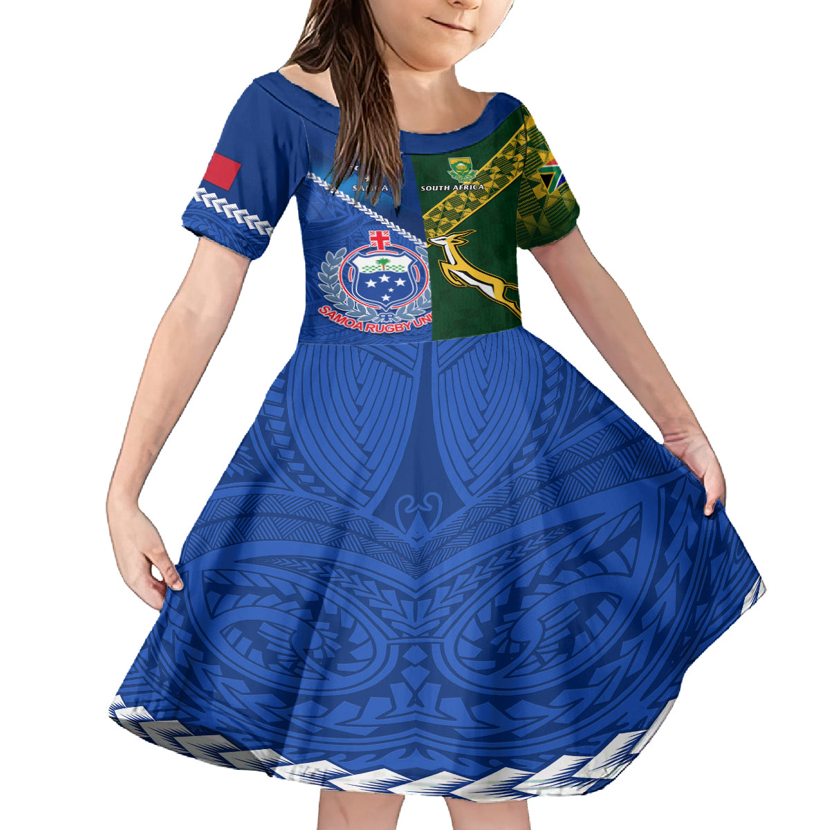 Samoa And South Africa Rugby Family Matching Off Shoulder Maxi Dress and Hawaiian Shirt 2023 World Cup Manu Samoa With Springboks LT14 Daughter's Dress Blue - Polynesian Pride